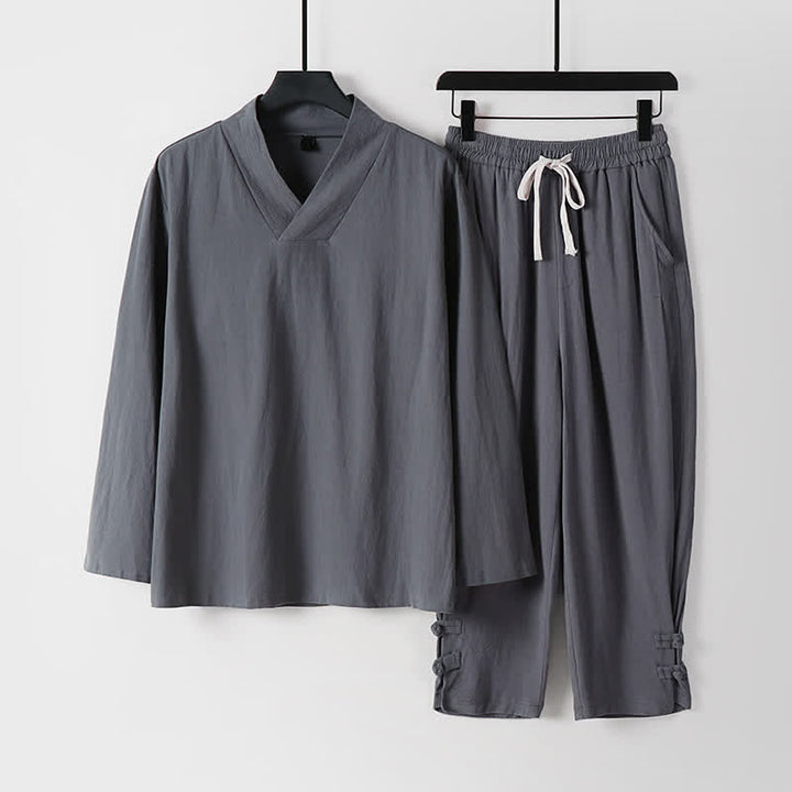 Buddha Stones Ensemble 2 pièces printemps automne décontracté en ramie unie à manches longues et cordon de serrage, pantalon et chemise, idéal pour la méditation avec poches pour homme. - Gris ardoise - US/UK/AU54，EU64 (9XL) - image 2