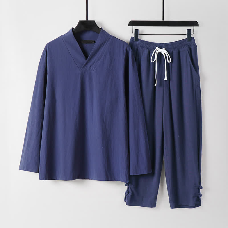 Buddha Stones Ensemble 2 pièces printemps automne décontracté en ramie unie à manches longues et cordon de serrage, pantalon et chemise, idéal pour la méditation avec poches pour homme. - Bleu ardoise foncé - US/UK/AU54，EU64 (9XL) - image 0