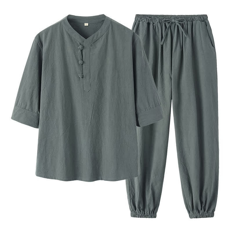 Buddha Stones Ensemble 2 pièces printemps-été style Tang, chemise et pantalon en coton uni à col mandarin et manches coudes, idéal pour la méditation avec poches. - image 4