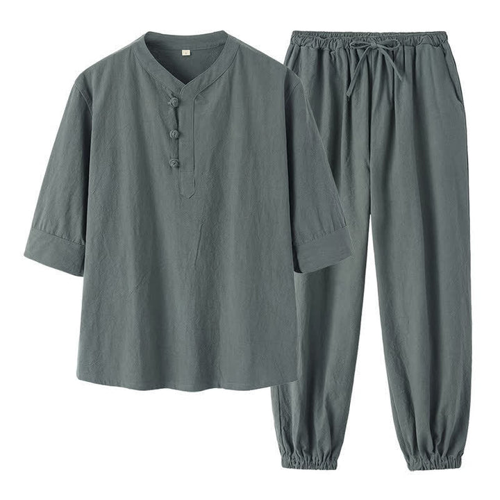Buddha Stones Ensemble 2 pièces printemps-été style Tang, chemise et pantalon en coton uni à col mandarin et manches coudes, idéal pour la méditation avec poches. - image 4