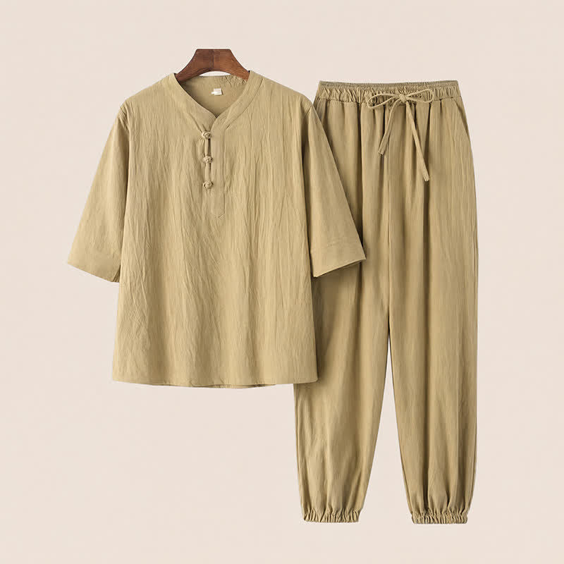 Buddha Stones Ensemble 2 pièces printemps-été style Tang, chemise et pantalon en coton uni à col mandarin et manches coudes, idéal pour la méditation avec poches. - Jaune d'or pâle - US/UK/AU44，EU54 (4XL) - image 18