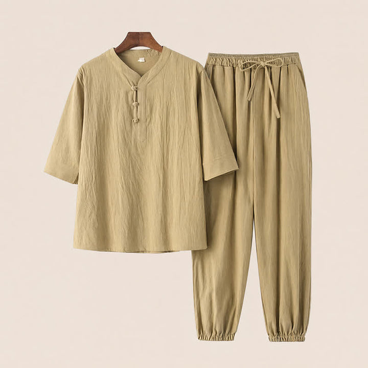 Buddha Stones Ensemble 2 pièces printemps-été style Tang, chemise et pantalon en coton uni à col mandarin et manches coudes, idéal pour la méditation avec poches. - Jaune d'or pâle - US/UK/AU44，EU54 (4XL) - image 18