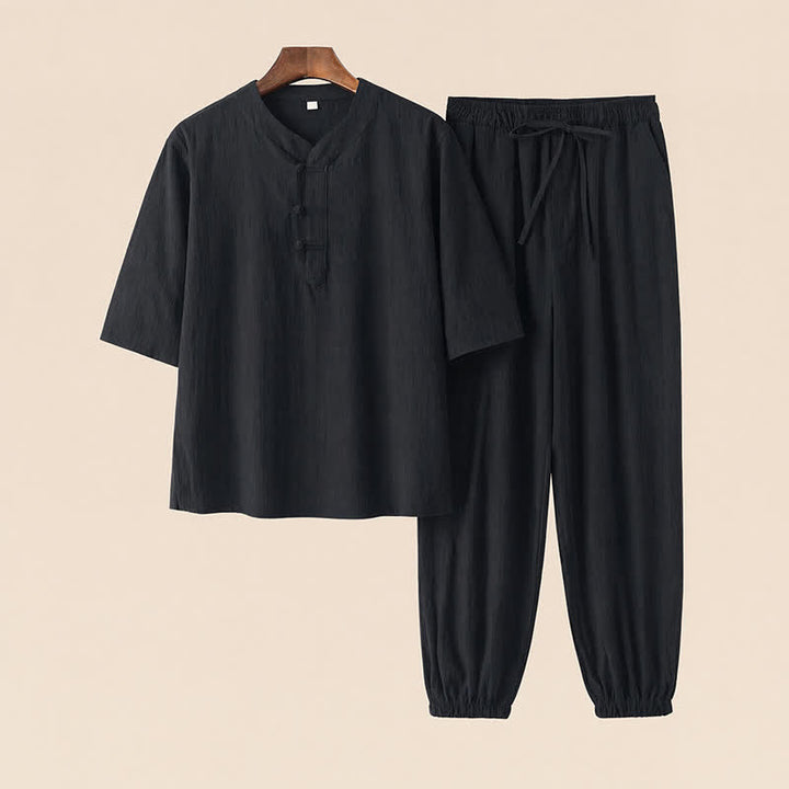 Buddha Stones Ensemble 2 pièces printemps-été style Tang, chemise et pantalon en coton uni à col mandarin et manches coudes, idéal pour la méditation avec poches. - Noir - US/UK/AU44，EU54 (4XL) - image 15