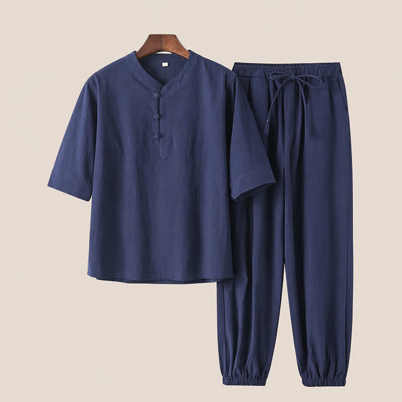 Buddha Stones Ensemble 2 pièces printemps-été style Tang, chemise et pantalon en coton uni à col mandarin et manches coudes, idéal pour la méditation avec poches. - Bleu nuit - US/UK/AU44，EU54 (4XL) - image 16