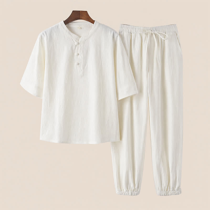 Buddha Stones Ensemble 2 pièces printemps-été style Tang, chemise et pantalon en coton uni à col mandarin et manches coudes, idéal pour la méditation avec poches. - Blanc - US/UK/AU44，EU54 (4XL) - image 20