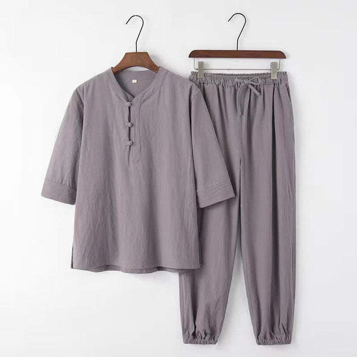 Buddha Stones Ensemble 2 pièces printemps-été style Tang, chemise et pantalon en coton uni à col mandarin et manches coudes, idéal pour la méditation avec poches. - Gris - US/UK/AU44，EU54 (4XL) - image 0