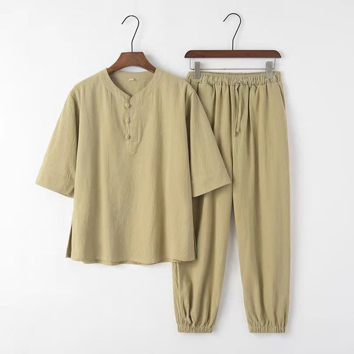 Buddha Stones Ensemble 2 pièces printemps-été style Tang, chemise et pantalon en coton uni à col mandarin et manches coudes, idéal pour la méditation avec poches. - image 19