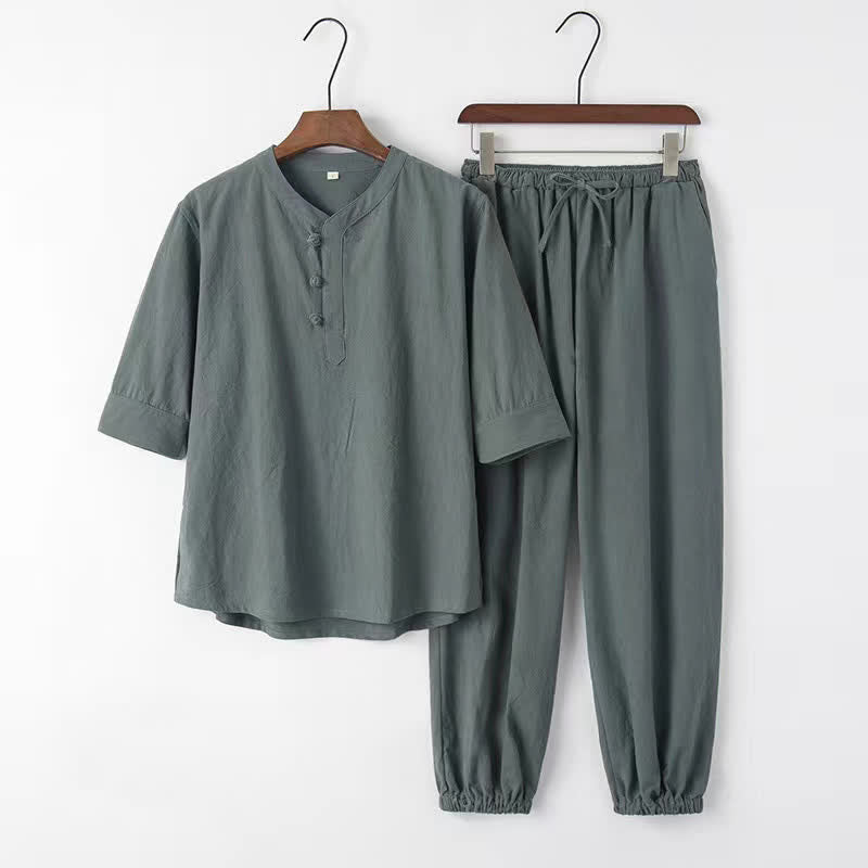 Buddha Stones Ensemble 2 pièces printemps-été style Tang, chemise et pantalon en coton uni à col mandarin et manches coudes, idéal pour la méditation avec poches. - CadetBlue - US/UK/AU44，EU54 (4XL) - image 2