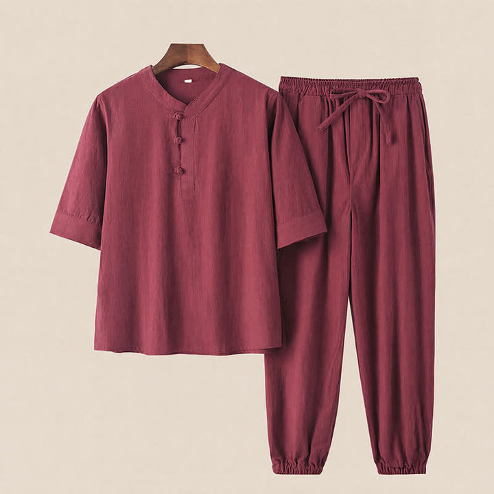 Buddha Stones Ensemble 2 pièces printemps-été style Tang, chemise et pantalon en coton uni à col mandarin et manches coudes, idéal pour la méditation avec poches. - Bordeaux - US/UK/AU44，EU54 (4XL) - image 17