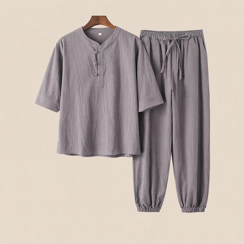 Buddha Stones Ensemble 2 pièces printemps-été style Tang, chemise et pantalon en coton uni à col mandarin et manches coudes, idéal pour la méditation avec poches. - image 1