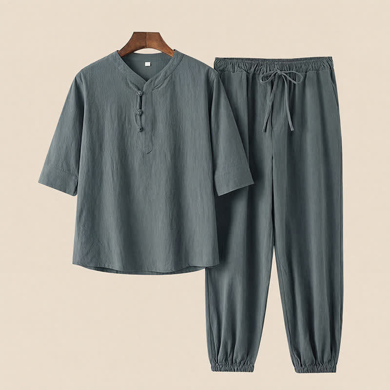 Buddha Stones Ensemble 2 pièces printemps-été style Tang, chemise et pantalon en coton uni à col mandarin et manches coudes, idéal pour la méditation avec poches. - image 3