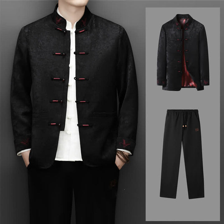 Buddha Stones Ensemble 2 pièces automne-hiver style Tang élégant, veste et pantalon à col mandarin et boutons brandebourg, style abstrait, avec poches. Idéal pour la méditation. - Noir - US/UK/AU44，EU54 (4XL) - image 12