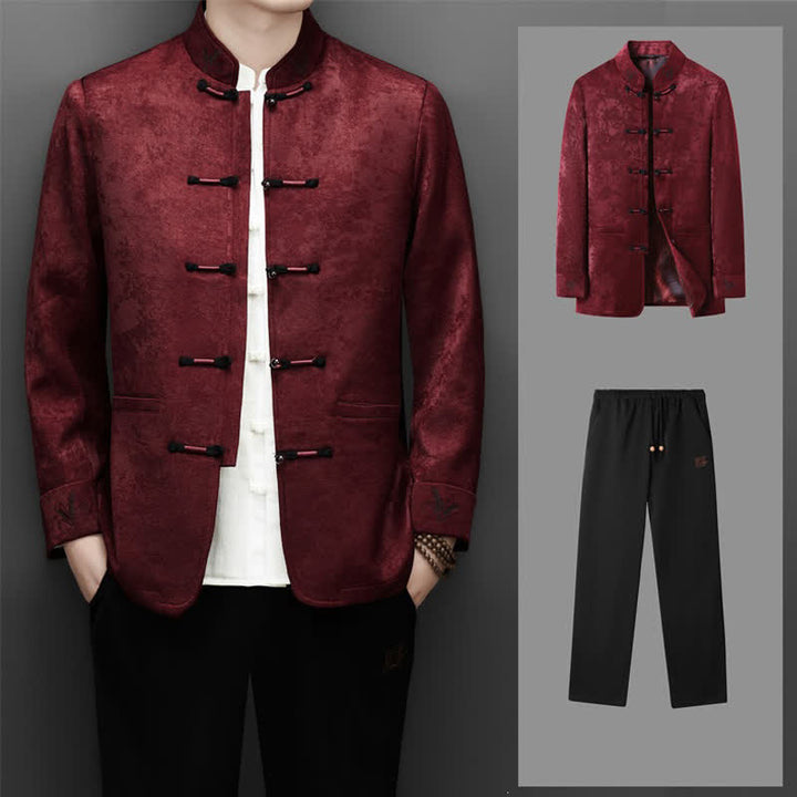 Buddha Stones Ensemble 2 pièces automne-hiver style Tang élégant, veste et pantalon à col mandarin et boutons brandebourg, style abstrait, avec poches. Idéal pour la méditation. - image 1