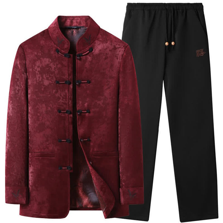 Buddha Stones Ensemble 2 pièces automne-hiver style Tang élégant, veste et pantalon à col mandarin et boutons brandebourg, style abstrait, avec poches. Idéal pour la méditation. - FireBrick - US/UK/AU44，EU54 (4XL) - image 0