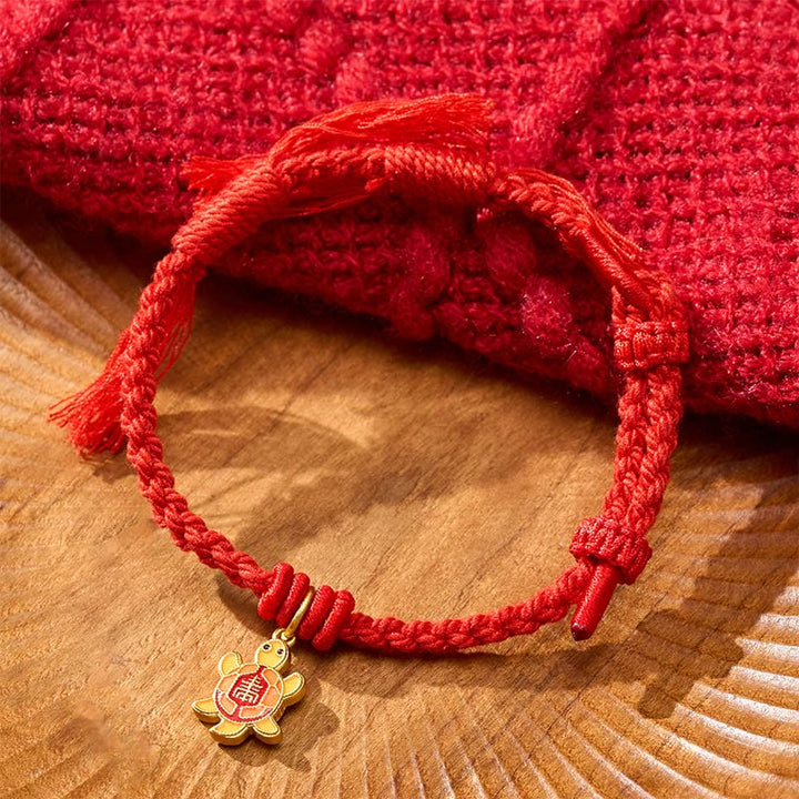 Buddha Stones Bracelet tibétain en cuivre plaqué or avec breloque tortue et cordon rouge - Rouge (Tour de poignet : 14 à 17 cm) - image 0