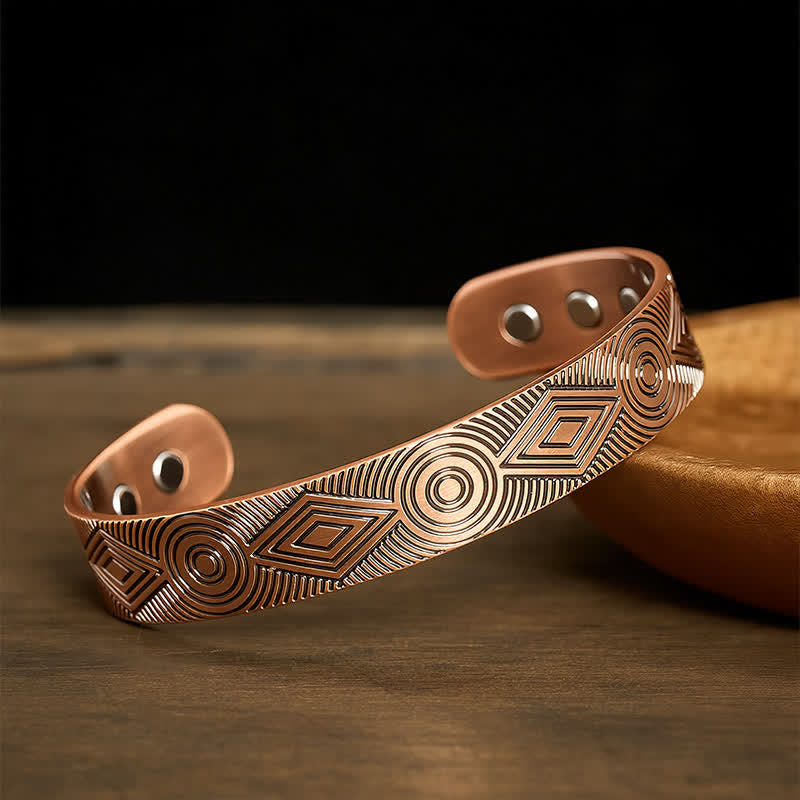 Buddha Stones Bracelet manchette ouvert en cuivre rouge gravé géométriquement pour la mise à la terre - image 1