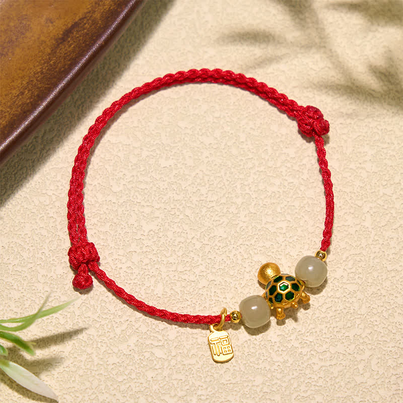 Buddha Stones Bracelet porte-bonheur en jade Hetian, motif tortue de cuivre et fil rouge - image 1