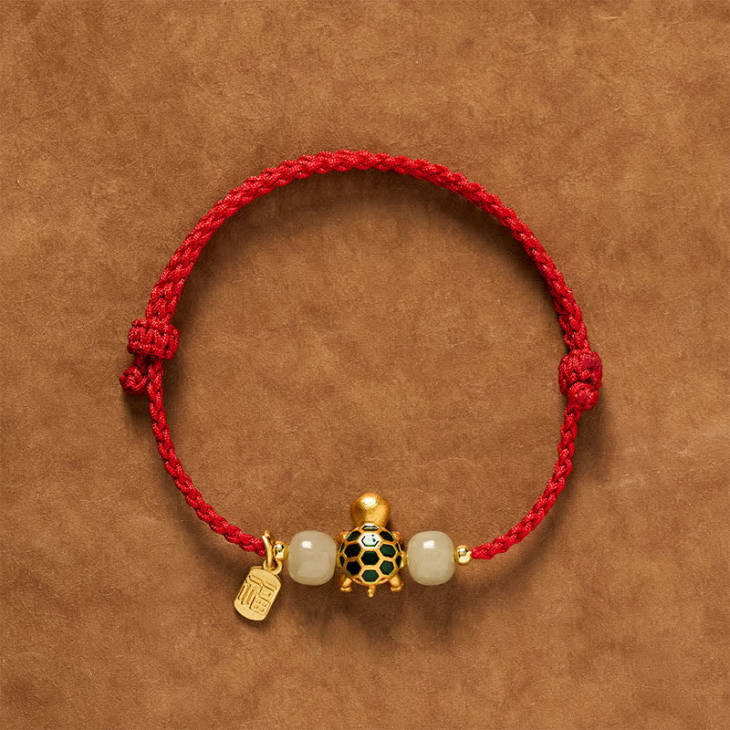 Buddha Stones Bracelet porte-bonheur en jade Hetian, motif tortue de cuivre et fil rouge - Rouge (Tour de poignet : 14 à 18 cm) - image 0
