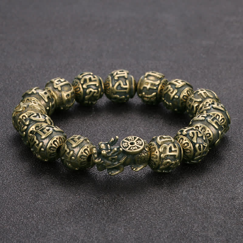 Buddha Stones Bracelet de richesse Pi Xiu Om Mani Padme Hum en laiton antique - Pi Xiu en laiton (Tour de poignet : 16,5–18 cm) - image 0