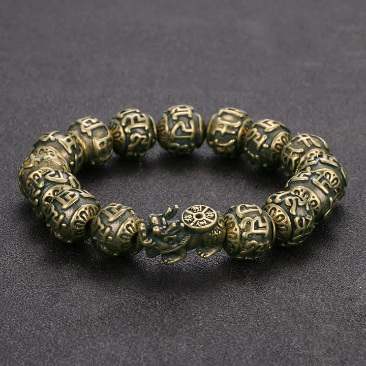Buddha Stones Bracelet de richesse Pi Xiu Om Mani Padme Hum en laiton antique - Pi Xiu en laiton (Tour de poignet : 16,5–18 cm) - image 0