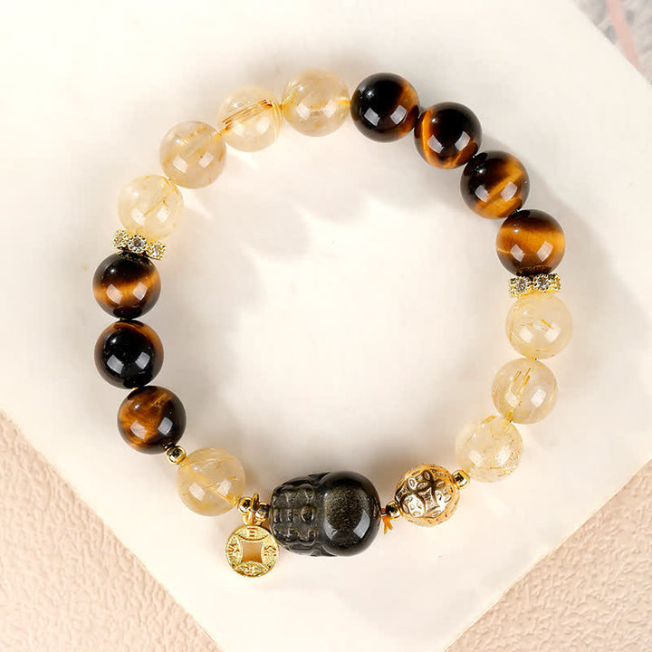 Buddha Stones Bracelet de perles Feng Shui en œil de tigre Pi Xiu et quartz rutile doré, symbole de richesse - Bracelet Pi Xiu en œil de tigre - 8 mm (Tour de poignet : 15 à 16 cm) - image 0