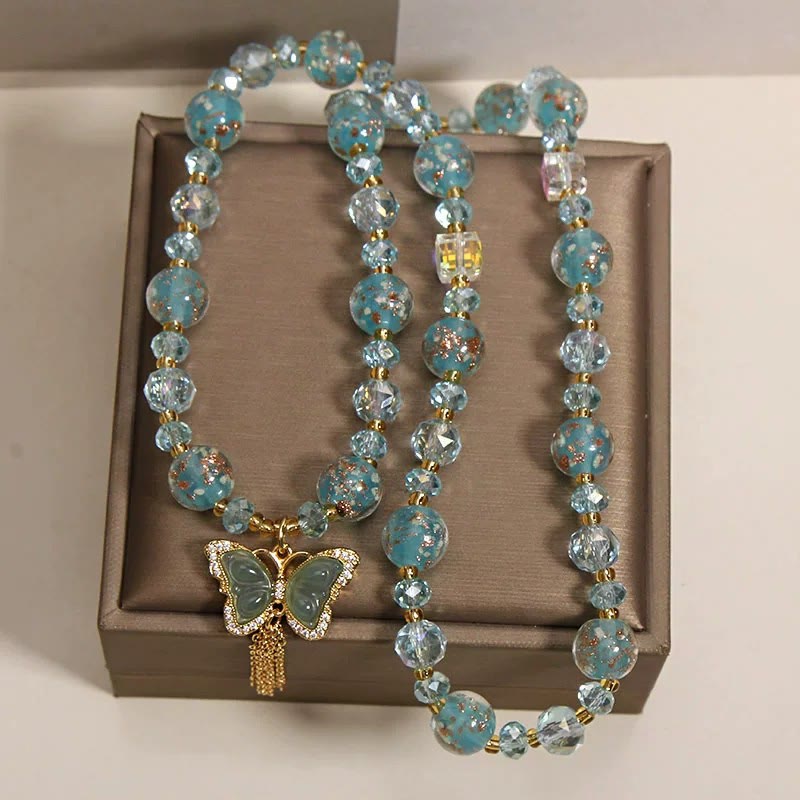 Buddha Stones Bracelet triple tour en perles de verre Liuli bleues avec papillon et transformation - image 3
