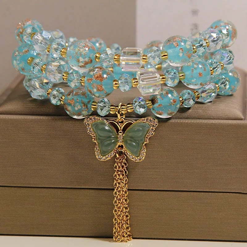 Buddha Stones Bracelet triple tour en perles de verre Liuli bleues avec papillon et transformation - image 8