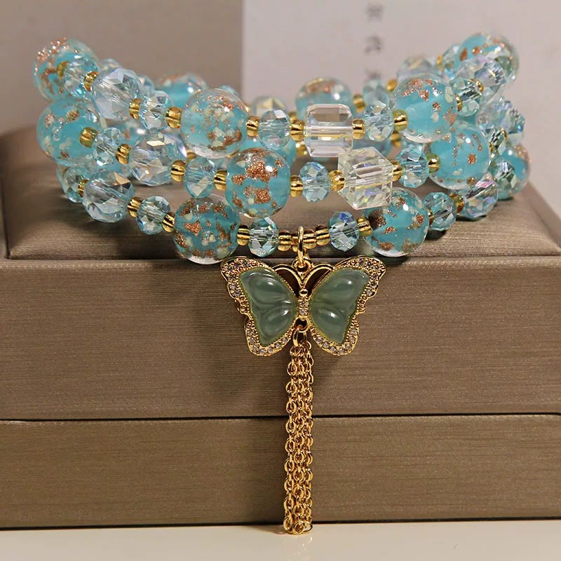 Buddha Stones Bracelet triple tour en perles de verre Liuli bleues avec papillon et transformation - image 10