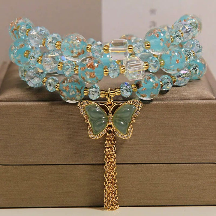 Buddha Stones Bracelet triple tour en perles de verre Liuli bleues avec papillon et transformation - Papillon (Transformation ♥ Amour) - image 0