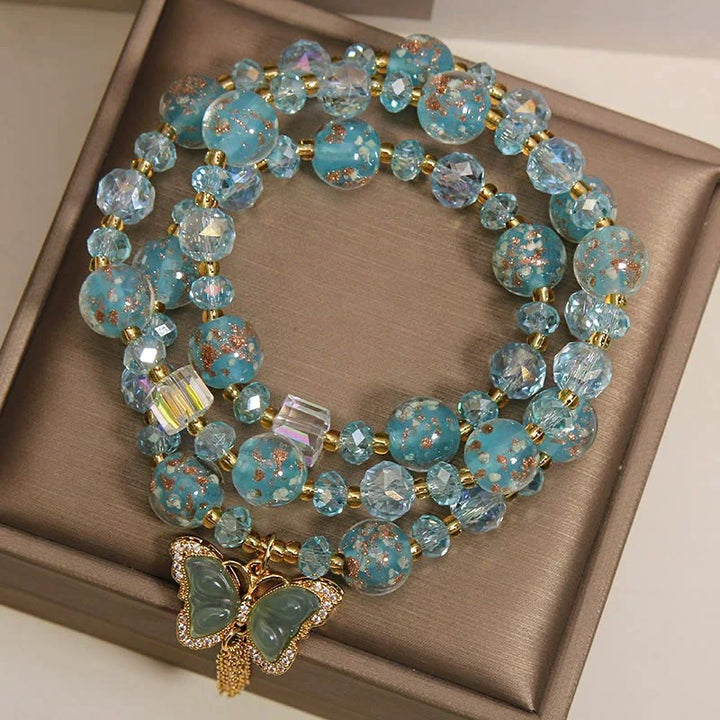 Buddha Stones Bracelet triple tour en perles de verre Liuli bleues avec papillon et transformation - image 4