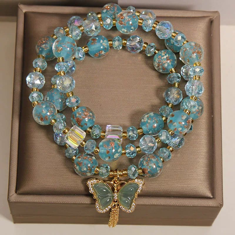 Buddha Stones Bracelet triple tour en perles de verre Liuli bleues avec papillon et transformation - image 1