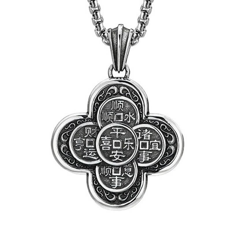Buddha Stones Collier amulette de richesse vintage en cuivre, orné de cinq pièces impériales et d'un trèfle. - image 4
