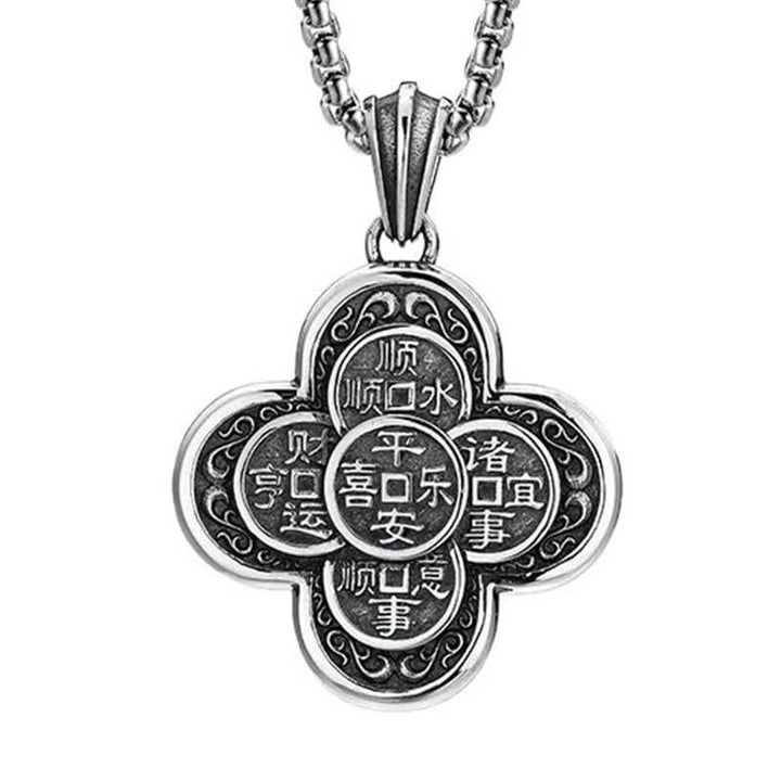 Buddha Stones Collier amulette de richesse vintage en cuivre, orné de cinq pièces impériales et d'un trèfle. - image 4