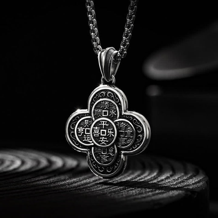 Buddha Stones Collier amulette de richesse vintage en cuivre, orné de cinq pièces impériales et d'un trèfle. - Cinq pièces de monnaie de l'empereur, motif trèfle - image 0