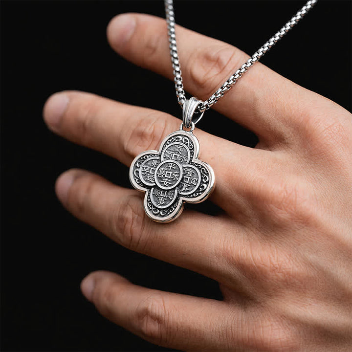 Buddha Stones Collier amulette de richesse vintage en cuivre, orné de cinq pièces impériales et d'un trèfle. - image 2