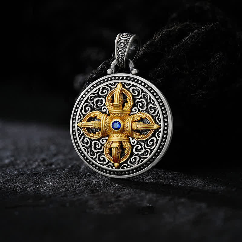 Buddha Stones Collier pendentif rond en cuivre tibétain Vajra croisé Om Mani Padme Hum Sagesse et ancrage - Vajra Om Mani Padme Hum - image 0