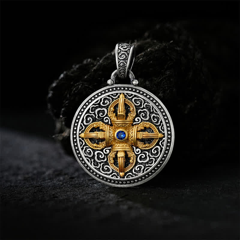 Buddha Stones Collier pendentif rond en cuivre tibétain Vajra croisé Om Mani Padme Hum Sagesse et ancrage - image 1