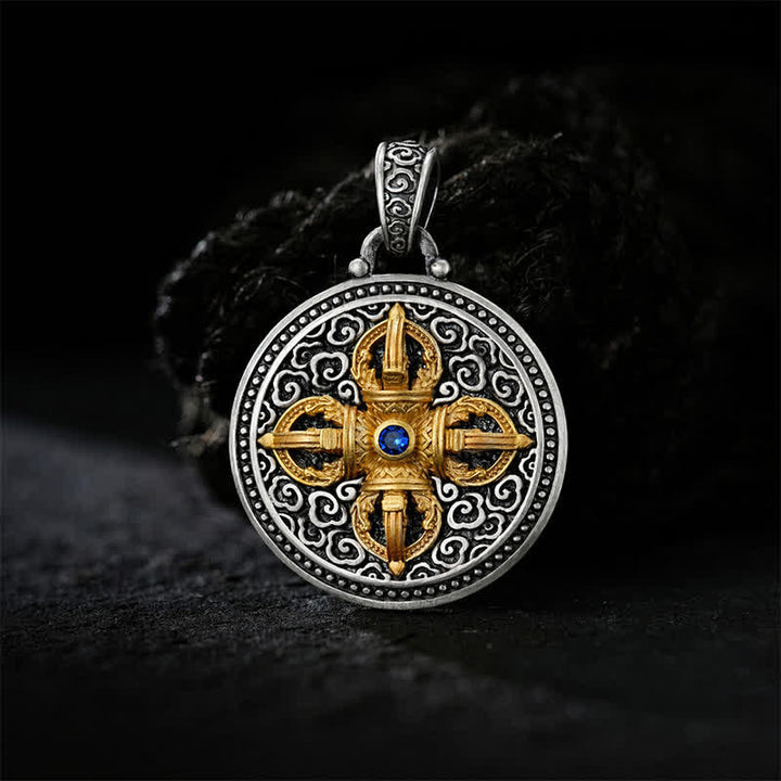 Buddha Stones Collier pendentif rond en cuivre tibétain Vajra croisé Om Mani Padme Hum Sagesse et ancrage - image 1