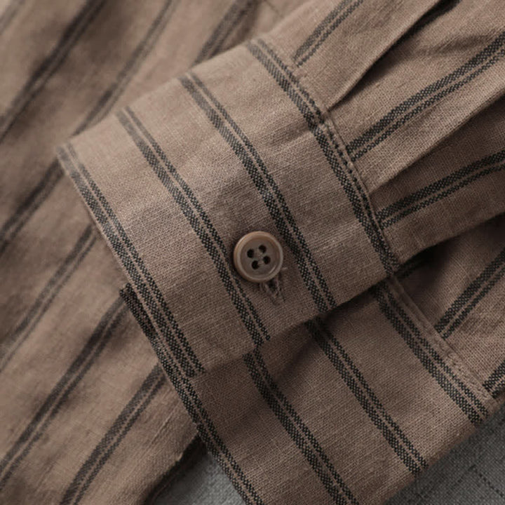 Buddha Stones Chemises rayées à manches longues pour femmes, style vintage décontracté, avec poches plaquées, idéales pour le printemps et l'automne. - image 3