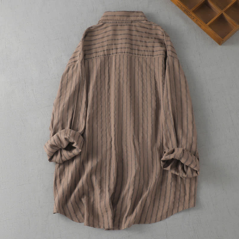 Buddha Stones Chemises rayées à manches longues pour femmes, style vintage décontracté, avec poches plaquées, idéales pour le printemps et l'automne. - image 1