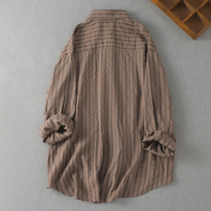 Buddha Stones Chemises rayées à manches longues pour femmes, style vintage décontracté, avec poches plaquées, idéales pour le printemps et l'automne. - image 1