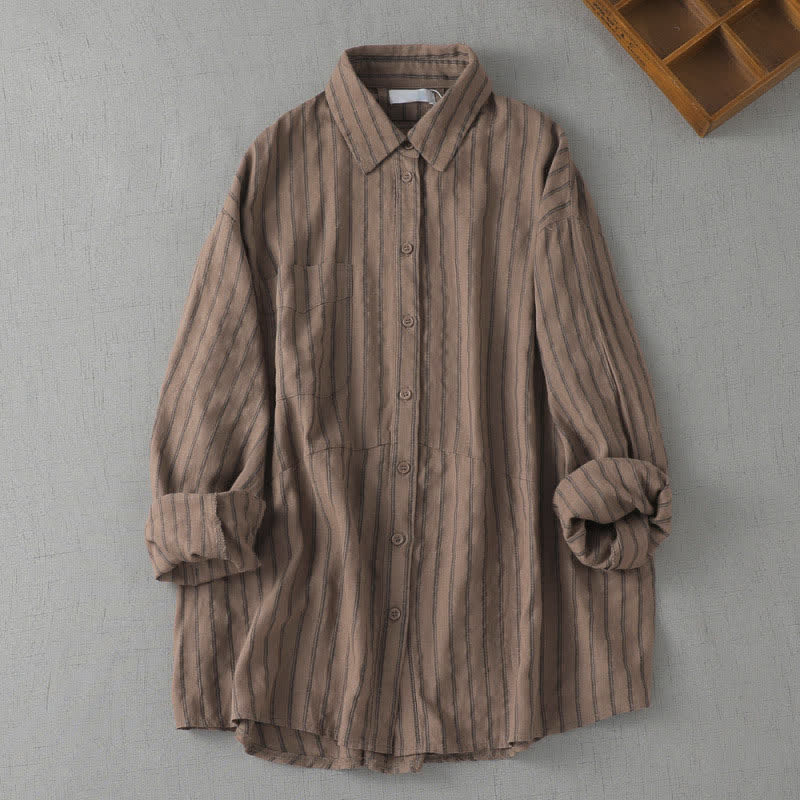 Buddha Stones Chemises rayées à manches longues pour femmes, style vintage décontracté, avec poches plaquées, idéales pour le printemps et l'automne. - Terre de sienne - US8-10, UK/AU12-14, EU40-42 (2XL) - image 0