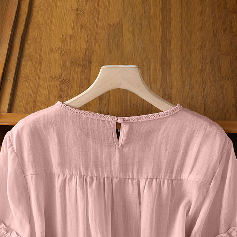 Buddha Stones T-shirts d'été élégants, unis, à col rond et bordure en dentelle, à manches courtes pour femmes - image 4
