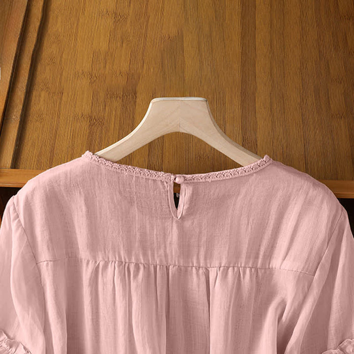 Buddha Stones T-shirts d'été élégants, unis, à col rond et bordure en dentelle, à manches courtes pour femmes - image 4