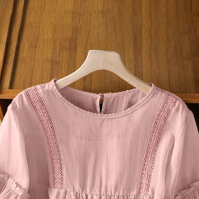 Buddha Stones T-shirts d'été élégants, unis, à col rond et bordure en dentelle, à manches courtes pour femmes - image 3
