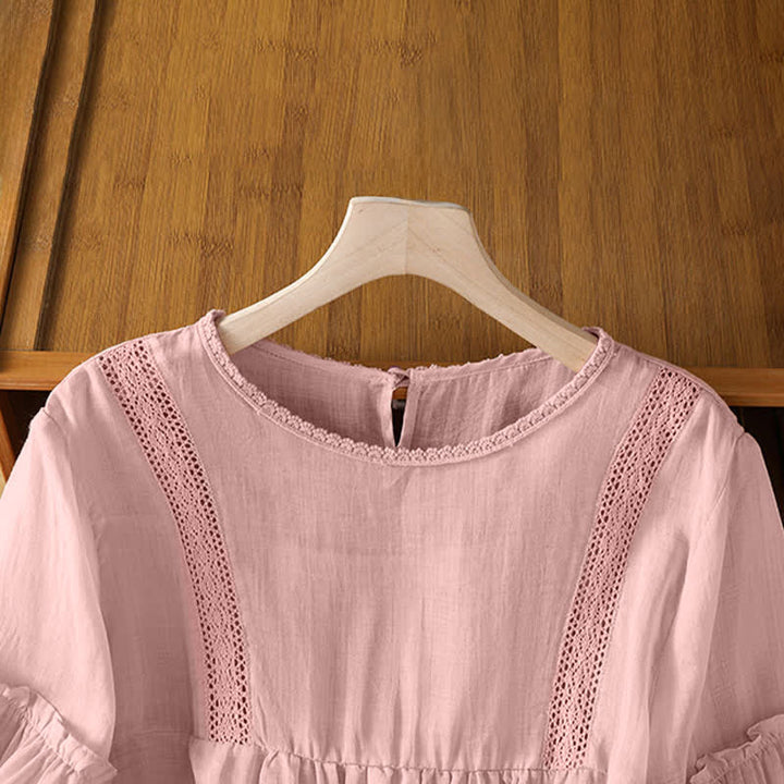 Buddha Stones T-shirts d'été élégants, unis, à col rond et bordure en dentelle, à manches courtes pour femmes - image 3