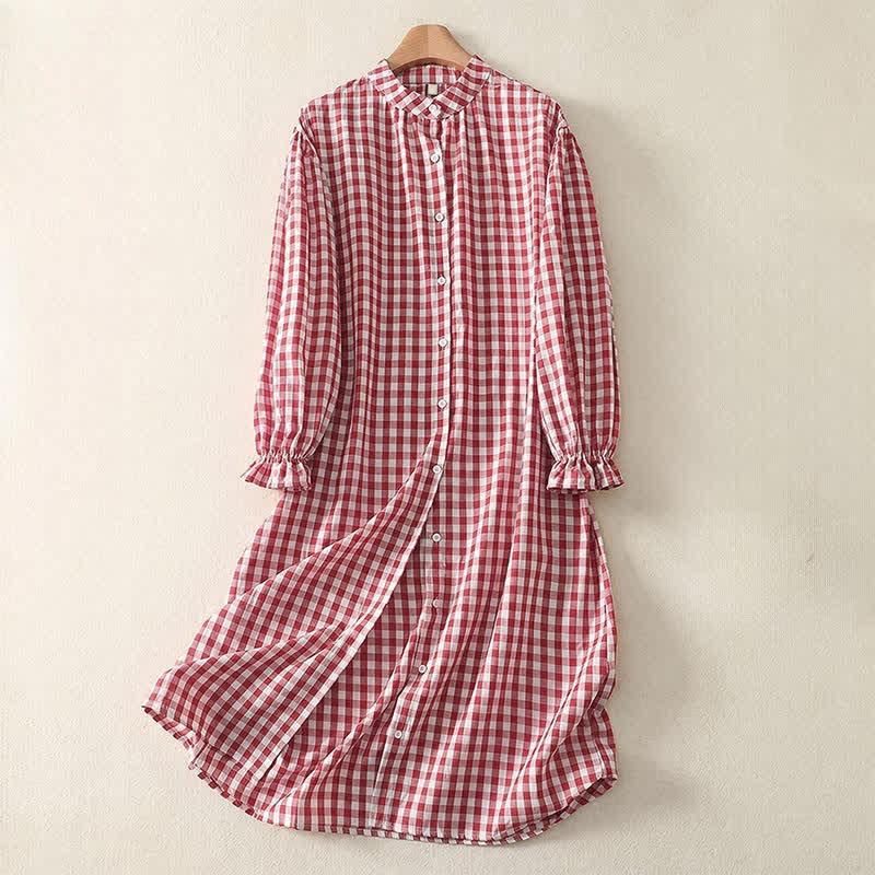 Buddha Stones Robe longue à manches longues boutonnée en vichy, style vintage décontracté printanier, avec poches - LightCoral - US14, UK/AU18, EU46 (2XL) - image 0