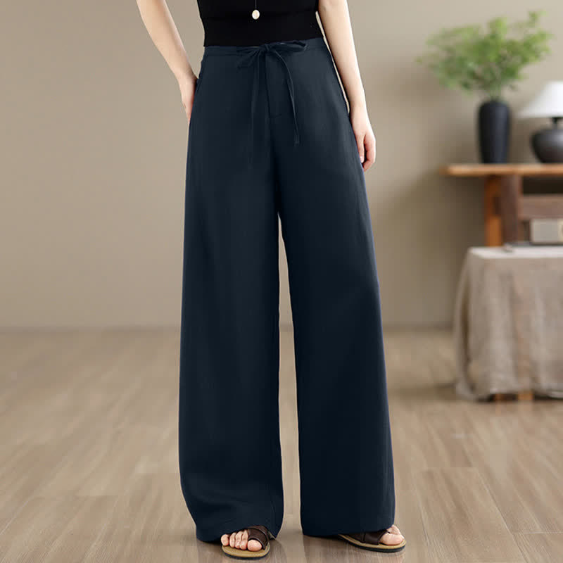 Buddha Stones Pantalon long uni style minimaliste printemps-été, coupe droite, fermeture éclair et cordon de serrage, avec poches - Bleu nuit - US12, UK/AU16, EU44 (2XL) - image 0