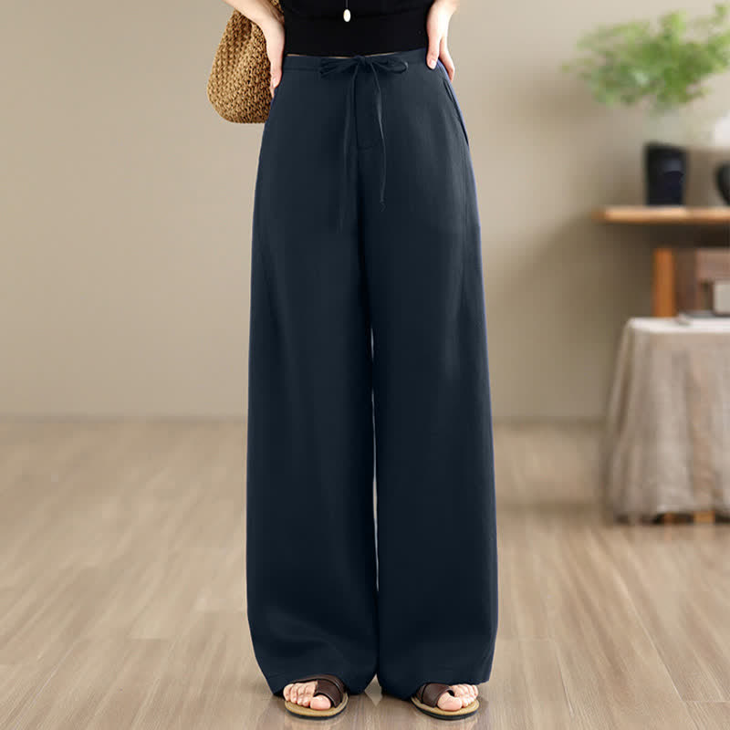 Buddha Stones Pantalon long uni style minimaliste printemps-été, coupe droite, fermeture éclair et cordon de serrage, avec poches - image 1