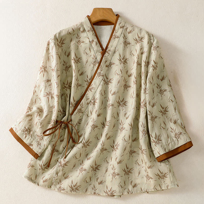 Buddha Stones Chemises à manches trois-quarts pour femmes, style Tang, décontractées, printemps-été, à imprimé feuilles - Beige - US8-10, UK/AU12-14, EU40-42 (2XL) - image 0